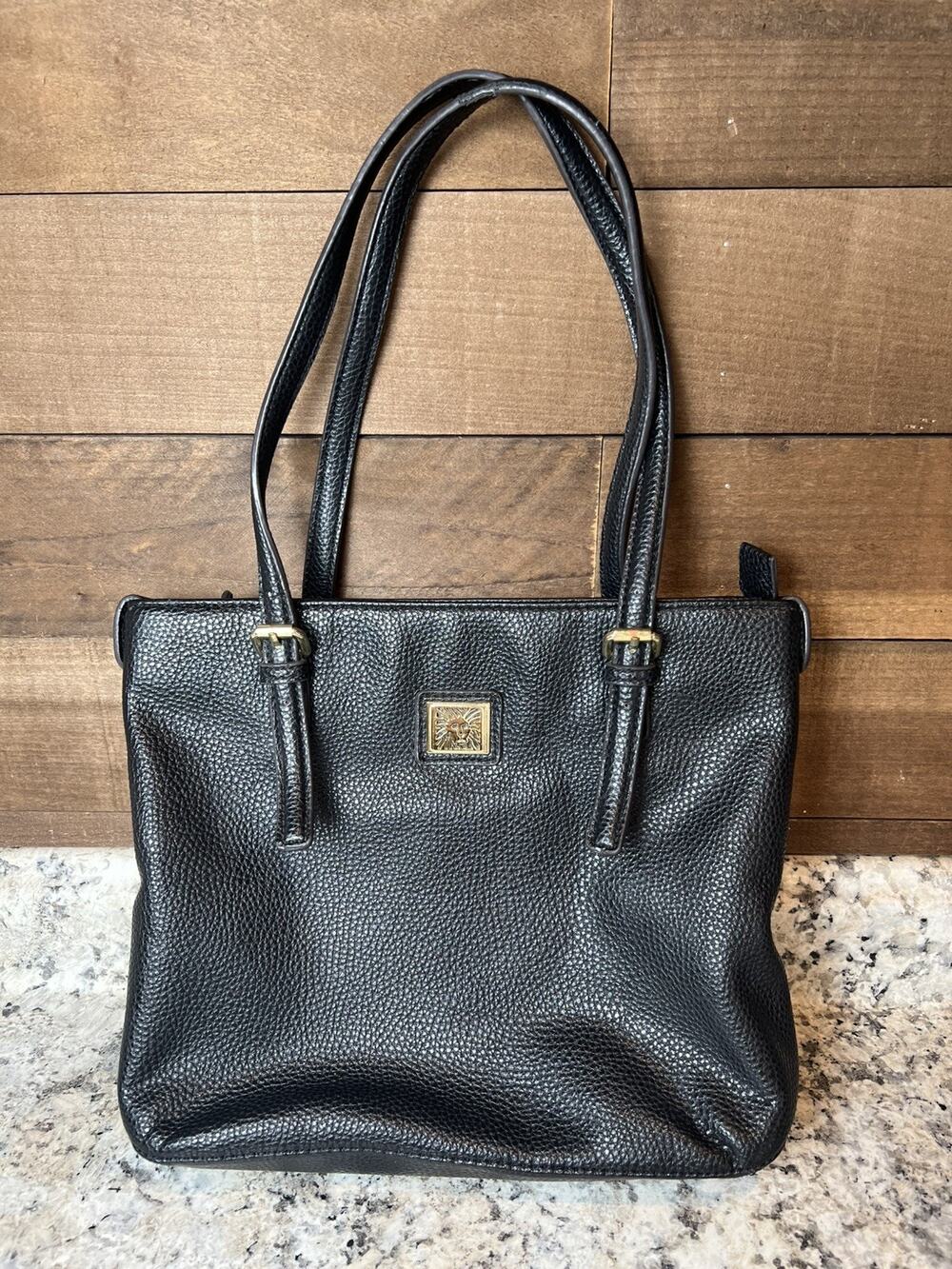 Anne Klein Perfect Tote Bag Black Pebbled Faux? Leather Gold Lion Logo